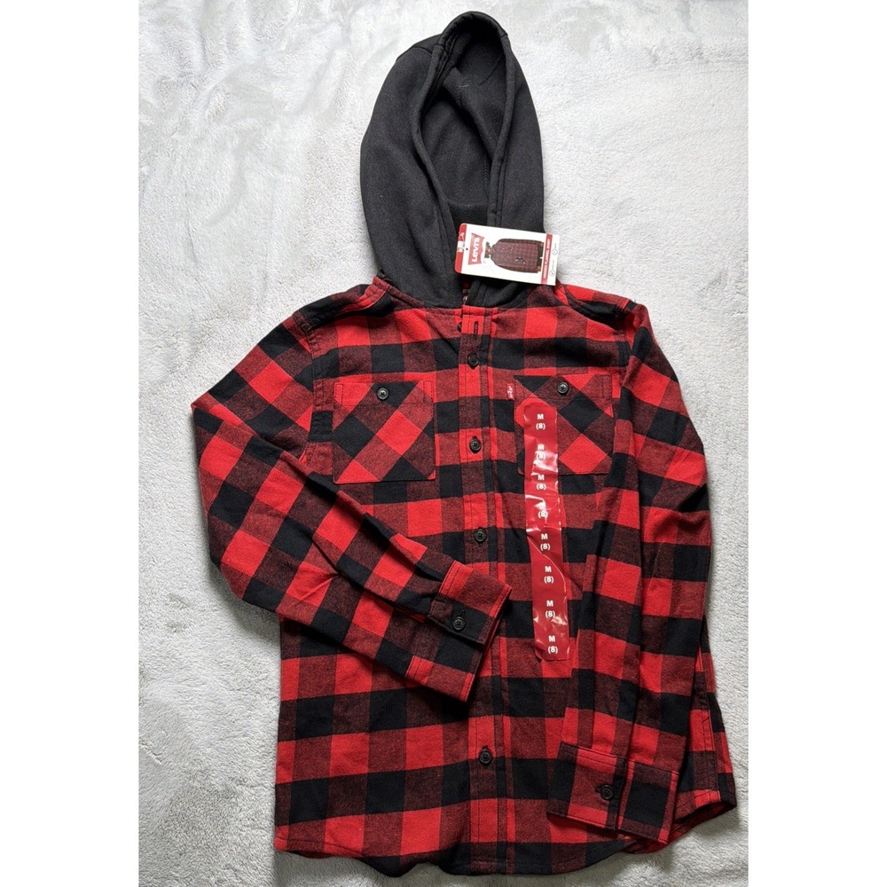 Levi's Red Buffalo Plaid Hooded Button Down Flannel Shirt Boys Youth M(8)